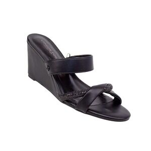 London Fog Dapper Wedge Sandals Black Rhinestone Women's Size 7